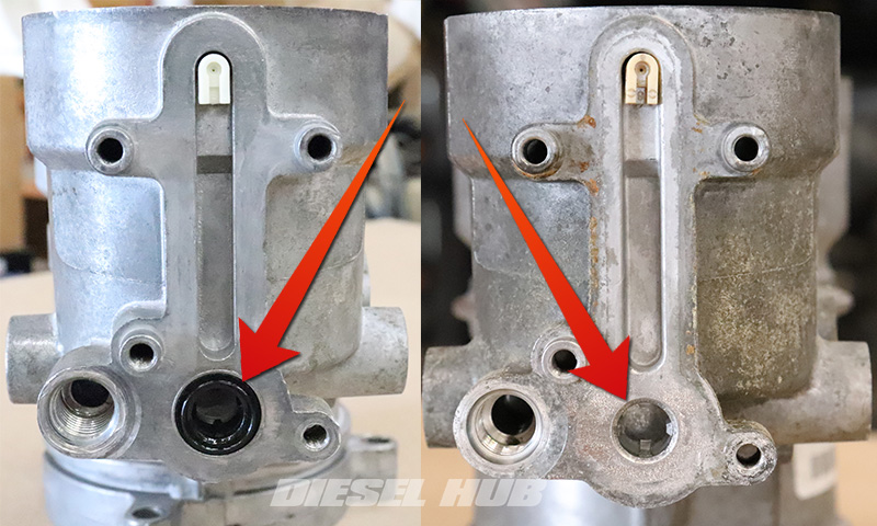 comparison of early and late style fuel filter housings on a 6.0 liter Power Stroke engine