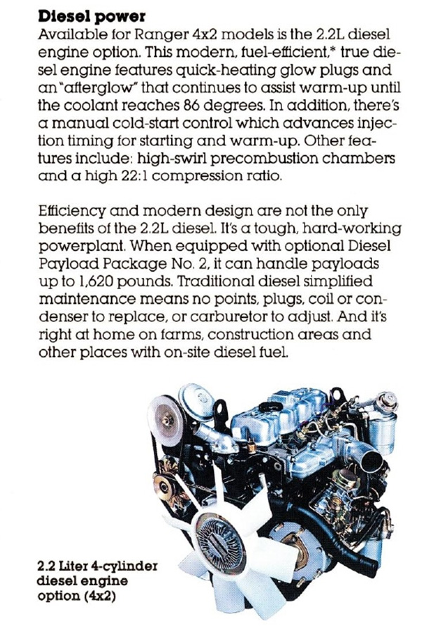 Excerpt from the 1983 Ford Ranger brochure describing the Perkins diesel engine
