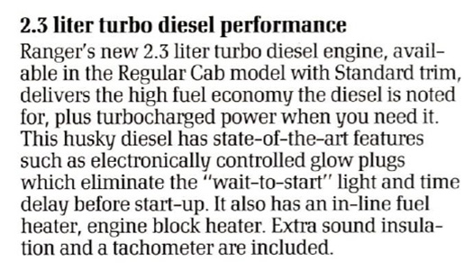 Excerpt from the 1986 Ford Ranger brochure describing the Mitsubishi diesel engine