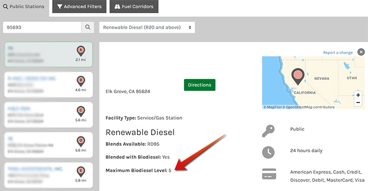 Biodiesel concentration indicated by Department of Energy's biodiesel locator tool